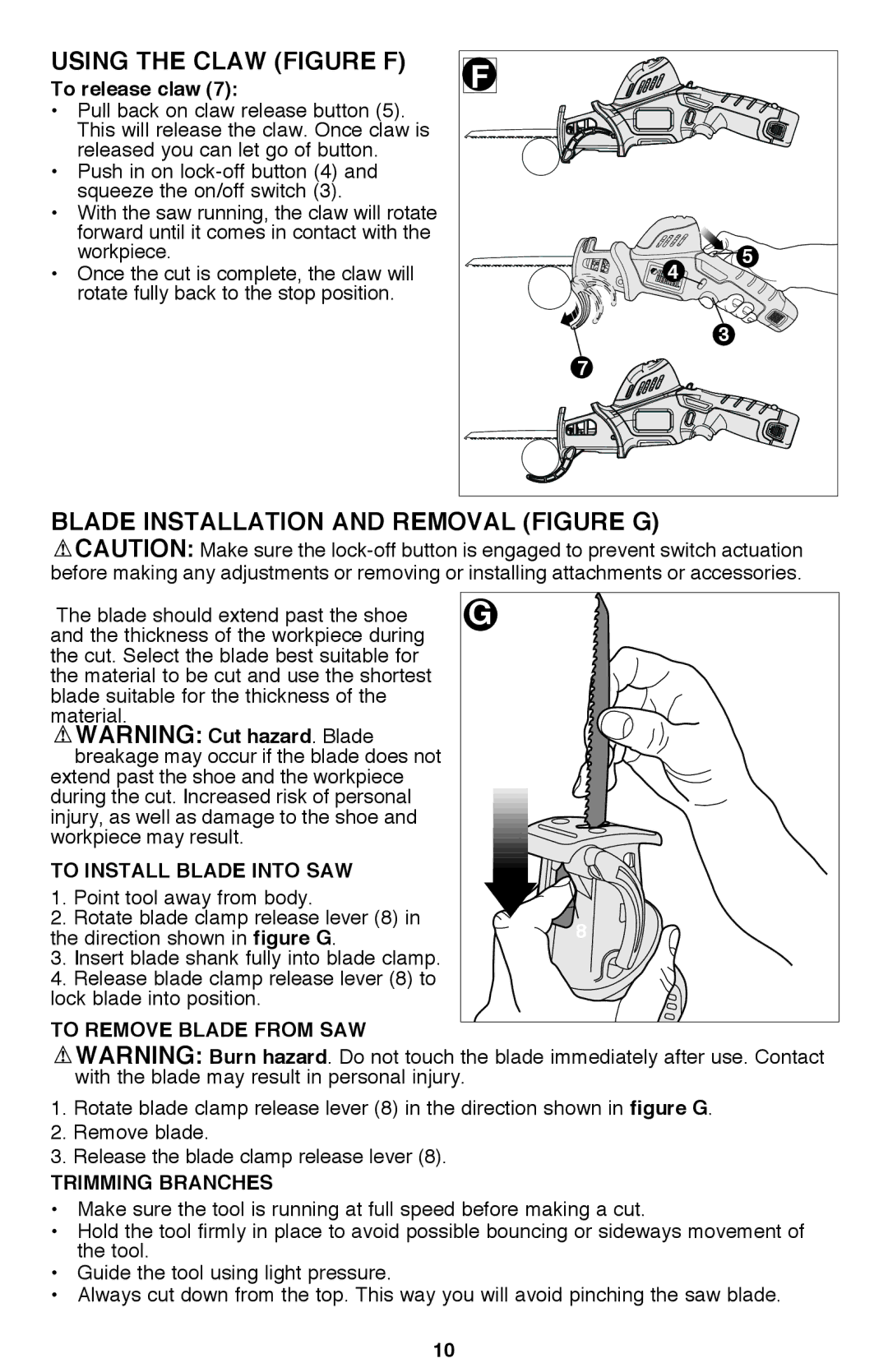 Black & Decker PSL12 Using the Claw FigURE F, Blade Installation and Removal FigURE G, To Install Blade Into SAW 